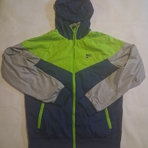 Nike Boys Medium Hooded Windbreaker Jacket Blue Green Colorblock Full Zip
